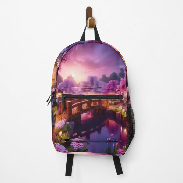 Item preview, Minecraft world, Japanese garden, cherry blossom trees, Japan, gaming, blue sky, pixel art, blocky digital landscape designed and sold by Sugar Wisdom .