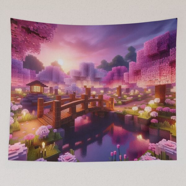 Item preview, Minecraft world, Japanese garden, cherry blossom trees, Japan, gaming, blue sky, pixel art, blocky digital landscape designed and sold by Sugar Wisdom .