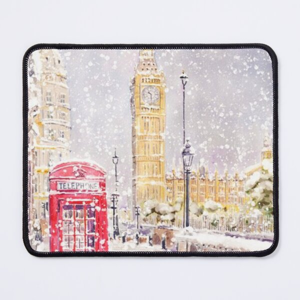 Item preview, Big Ben and red telephone booth in snow painting designed and sold by Geraldineromero.