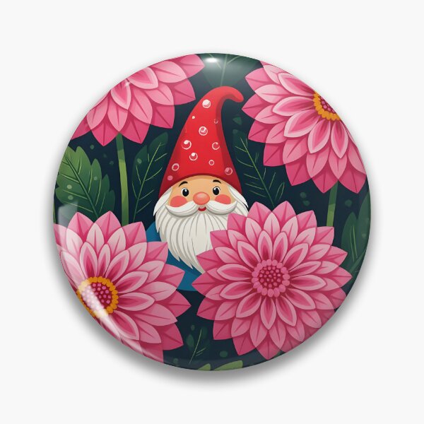 Artikelvorschau, Zwei niedliche kleine Gnome lugen hinter den Blättern rosa Dhaliablüten hervor. entworfen und verkauft von Ponted.