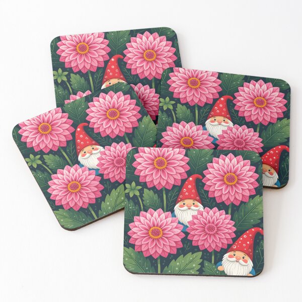 Item preview, 2 cute little gnomes peeping from behind the leaves of  pink dhalia flowers designed and sold by Ponted.