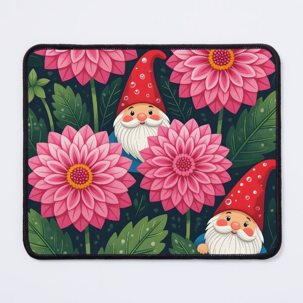 Item preview, 2 cute little gnomes peeping from behind the leaves of pink dhalia flowers designed and sold by Ponted.