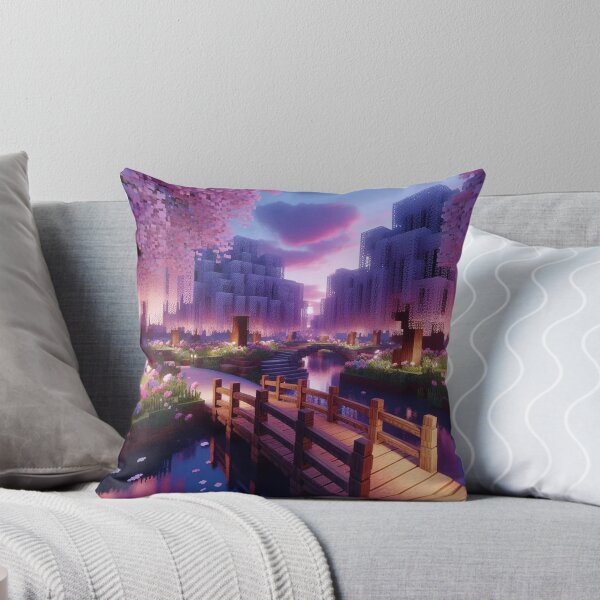 Item preview, Minecraft world, Japanese garden, cherry blossom trees, Japan, gaming, blue sky, pixel art, blocky digital landscape designed and sold by Sugar Wisdom .