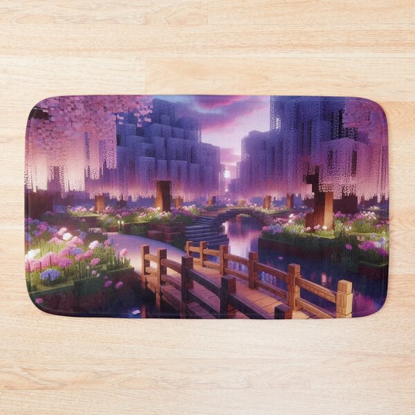 Item preview, Minecraft world, Japanese garden, cherry blossom trees, Japan, gaming, blue sky, pixel art, blocky digital landscape designed and sold by Sugar Wisdom .