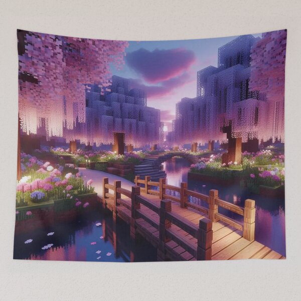 Item preview, Minecraft world, Japanese garden, cherry blossom trees, Japan, gaming, blue sky, pixel art, blocky digital landscape designed and sold by Sugar Wisdom .