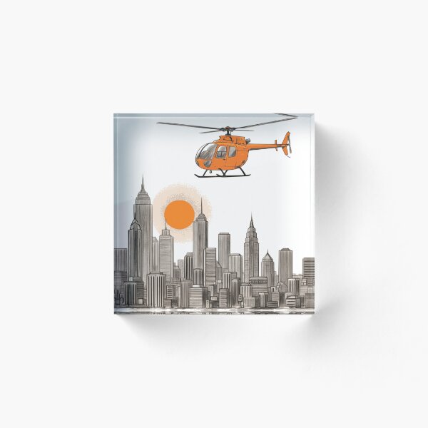 Item preview, Impresionante ilustración artística de un helicóptero a lápiz. Presenta un helicóptero sobrevolando el horizonte de una ciudad con detalles. designed and sold by AmazonArt.