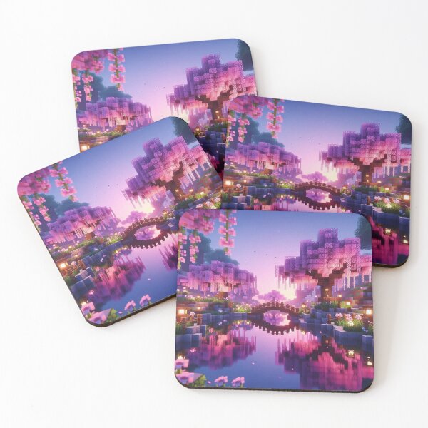 Item preview, Minecraft world, Japanese garden, cherry blossom trees, Japan, gaming, blue sky, pixel art, blocky digital landscape designed and sold by Sugar Wisdom .