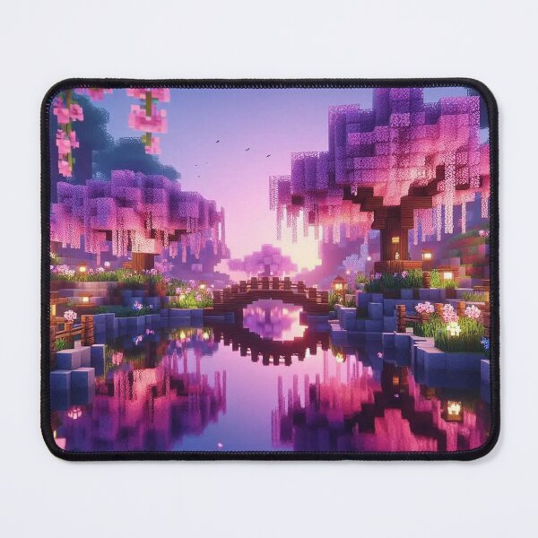 Item preview, Minecraft world, Japanese garden, cherry blossom trees, Japan, gaming, blue sky, pixel art, blocky digital landscape designed and sold by Sugar Wisdom .