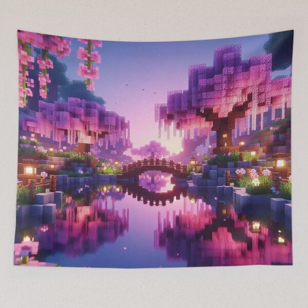 Item preview, Minecraft world, Japanese garden, cherry blossom trees, Japan, gaming, blue sky, pixel art, blocky digital landscape designed and sold by Sugar Wisdom .