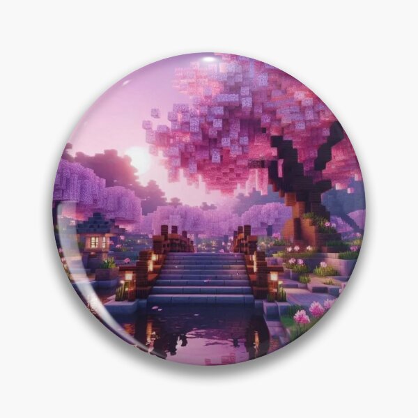 Item preview, Minecraft world, Japanese garden, cherry blossom trees, Japan, gaming, blue sky, pixel art, blocky digital landscape designed and sold by Sugar Wisdom .