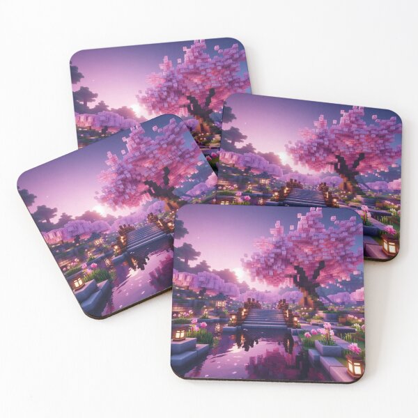 Item preview, Minecraft world, Japanese garden, cherry blossom trees, Japan, gaming, blue sky, pixel art, blocky digital landscape designed and sold by Sugar Wisdom .