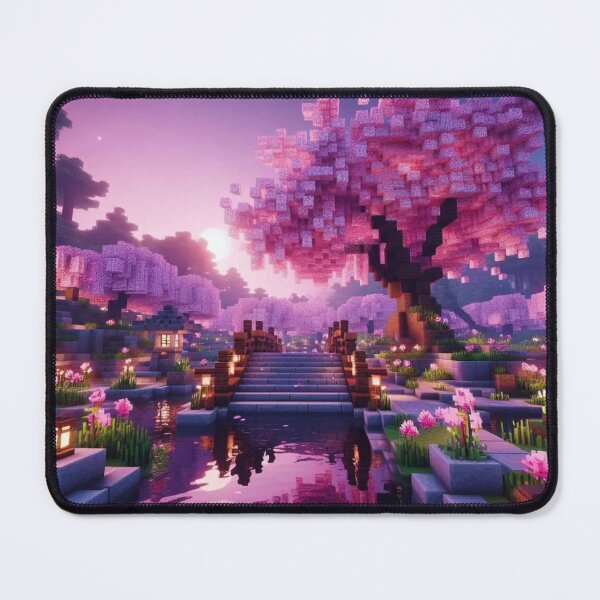 Item preview, Minecraft world, Japanese garden, cherry blossom trees, Japan, gaming, blue sky, pixel art, blocky digital landscape designed and sold by Sugar Wisdom .