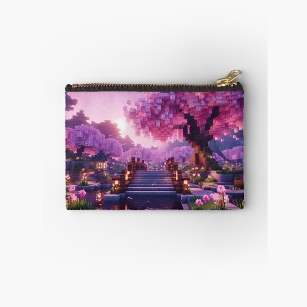 Item preview, Minecraft world, Japanese garden, cherry blossom trees, Japan, gaming, blue sky, pixel art, blocky digital landscape designed and sold by Sugar Wisdom .