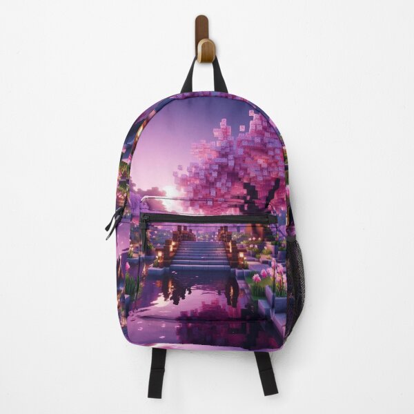 Item preview, Minecraft world, Japanese garden, cherry blossom trees, Japan, gaming, blue sky, pixel art, blocky digital landscape designed and sold by Sugar Wisdom .