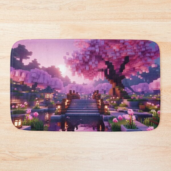 Item preview, Minecraft world, Japanese garden, cherry blossom trees, Japan, gaming, blue sky, pixel art, blocky digital landscape designed and sold by Sugar Wisdom .