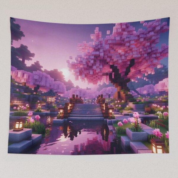 Item preview, Minecraft world, Japanese garden, cherry blossom trees, Japan, gaming, blue sky, pixel art, blocky digital landscape designed and sold by Sugar Wisdom .