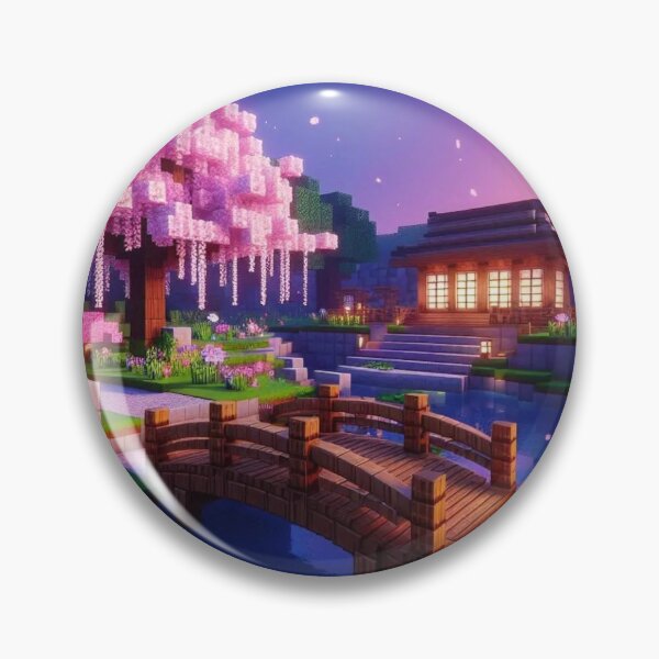 Item preview, Minecraft world, Japanese garden, cherry blossom trees, Japan, gaming, blue sky, pixel art, blocky digital landscape designed and sold by Sugar Wisdom .