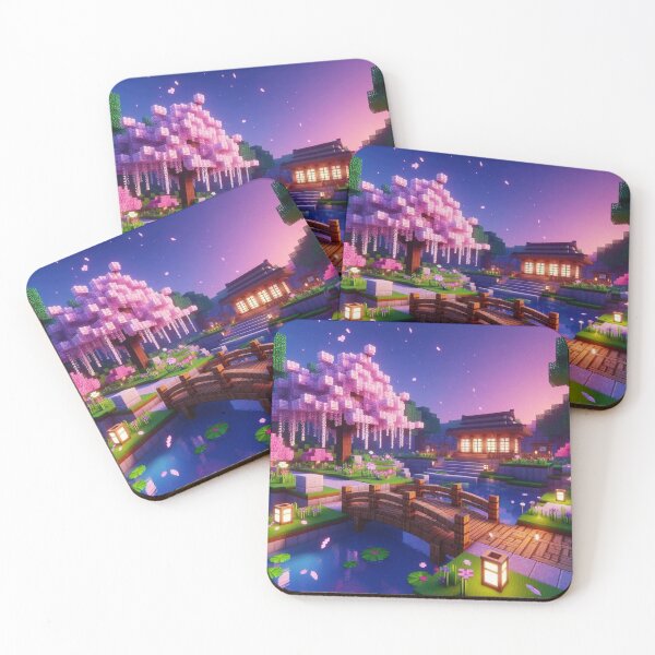 Item preview, Minecraft world, Japanese garden, cherry blossom trees, Japan, gaming, blue sky, pixel art, blocky digital landscape designed and sold by Sugar Wisdom .