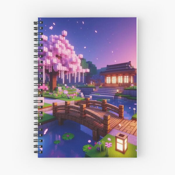 Item preview, Minecraft world, Japanese garden, cherry blossom trees, Japan, gaming, blue sky, pixel art, blocky digital landscape designed and sold by Sugar Wisdom .