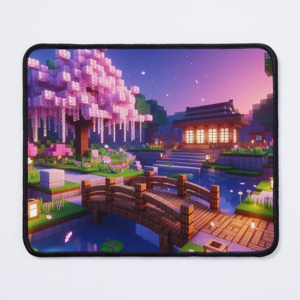 Item preview, Minecraft world, Japanese garden, cherry blossom trees, Japan, gaming, blue sky, pixel art, blocky digital landscape designed and sold by Sugar Wisdom .