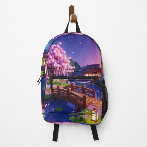 Item preview, Minecraft world, Japanese garden, cherry blossom trees, Japan, gaming, blue sky, pixel art, blocky digital landscape designed and sold by Sugar Wisdom .