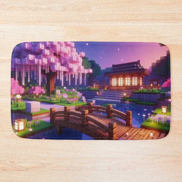 Item preview, Minecraft world, Japanese garden, cherry blossom trees, Japan, gaming, blue sky, pixel art, blocky digital landscape designed and sold by Sugar Wisdom .