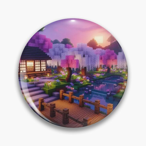 Item preview, Minecraft world, Japanese garden, cherry blossom trees, Japan, gaming, blue sky, pixel art, blocky digital landscape designed and sold by Sugar Wisdom .