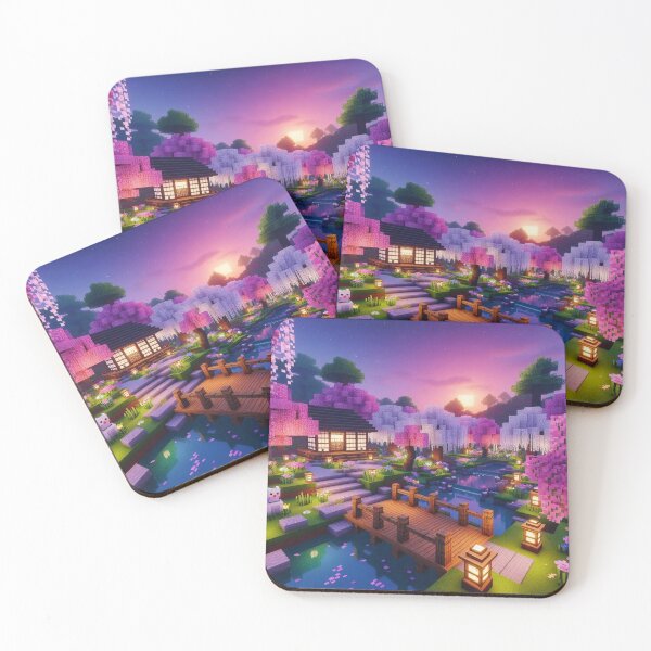 Item preview, Minecraft world, Japanese garden, cherry blossom trees, Japan, gaming, blue sky, pixel art, blocky digital landscape designed and sold by Sugar Wisdom .