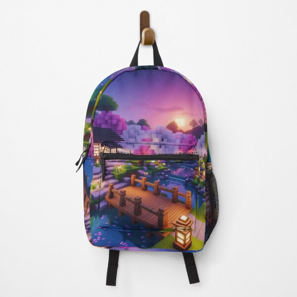 Item preview, Minecraft world, Japanese garden, cherry blossom trees, Japan, gaming, blue sky, pixel art, blocky digital landscape designed and sold by Sugar Wisdom .