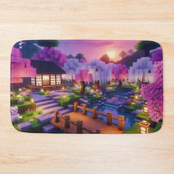 Item preview, Minecraft world, Japanese garden, cherry blossom trees, Japan, gaming, blue sky, pixel art, blocky digital landscape designed and sold by Sugar Wisdom .