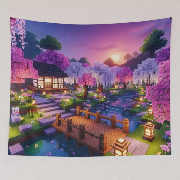 Item preview, Minecraft world, Japanese garden, cherry blossom trees, Japan, gaming, blue sky, pixel art, blocky digital landscape designed and sold by Sugar Wisdom .