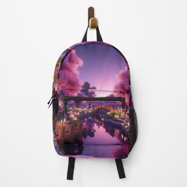 Item preview, Minecraft world, Japanese garden, cherry blossom trees, Japan, gaming, blue sky, pixel art, blocky digital landscape designed and sold by Sugar Wisdom .
