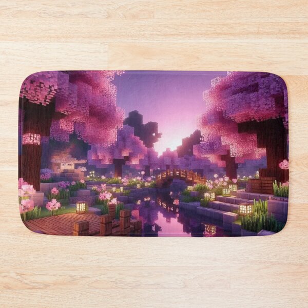 Item preview, Minecraft world, Japanese garden, cherry blossom trees, Japan, gaming, blue sky, pixel art, blocky digital landscape designed and sold by Sugar Wisdom .