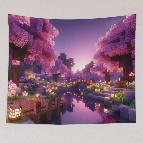 Item preview, Minecraft world, Japanese garden, cherry blossom trees, Japan, gaming, blue sky, pixel art, blocky digital landscape designed and sold by Sugar Wisdom .