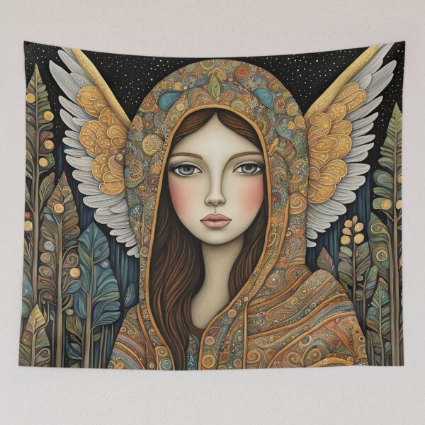 Item preview, Angel with wings wearing a hoodie illuminating the night Forest designed and sold by Colin Bentham.