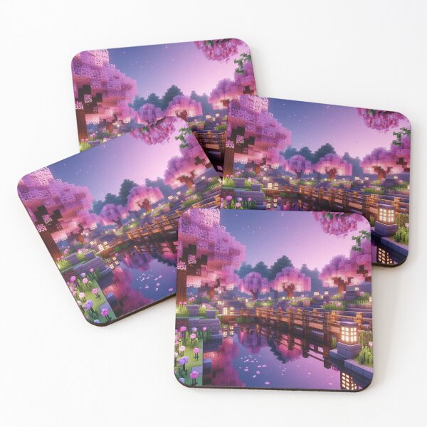 Item preview, Minecraft world, Japanese garden, cherry blossom trees, Japan, gaming, blue sky, pixel art, blocky digital landscape designed and sold by Sugar Wisdom .