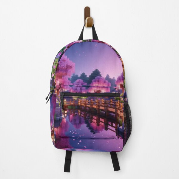 Item preview, Minecraft world, Japanese garden, cherry blossom trees, Japan, gaming, blue sky, pixel art, blocky digital landscape designed and sold by Sugar Wisdom .