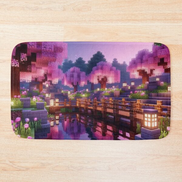 Item preview, Minecraft world, Japanese garden, cherry blossom trees, Japan, gaming, blue sky, pixel art, blocky digital landscape designed and sold by Sugar Wisdom .