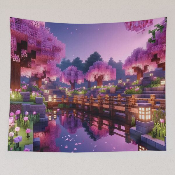 Item preview, Minecraft world, Japanese garden, cherry blossom trees, Japan, gaming, blue sky, pixel art, blocky digital landscape designed and sold by Sugar Wisdom .
