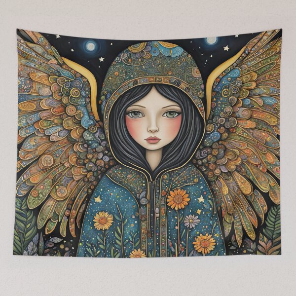 Item preview, Angel with wings wearing a hoodie illuminating the night Forest designed and sold by Colin Bentham.