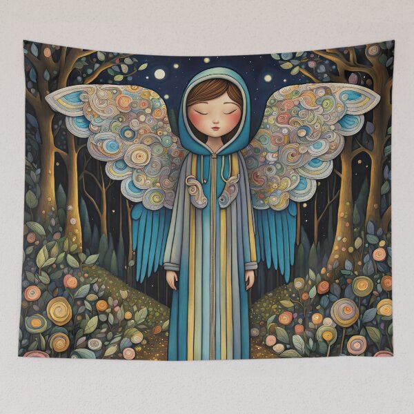 Item preview, Angel with wings wearing a hoodie illuminating the night Forest designed and sold by Colin Bentham.