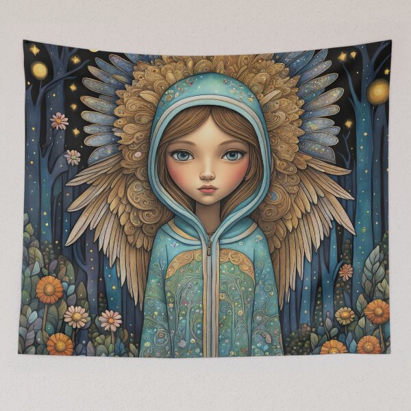 Item preview, Angel with wings wearing a hoodie illuminating the night Forest designed and sold by Colin Bentham.