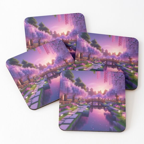 Item preview, Minecraft world, Japanese garden, cherry blossom trees, Japan, gaming, blue sky, pixel art, blocky digital landscape designed and sold by Sugar Wisdom .