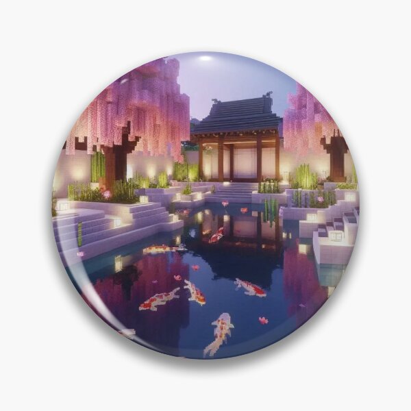 Item preview, Minecraft world, Japanese garden, cherry blossom trees, Japan, gaming, blue sky, pixel art, blocky digital landscape designed and sold by Sugar Wisdom .