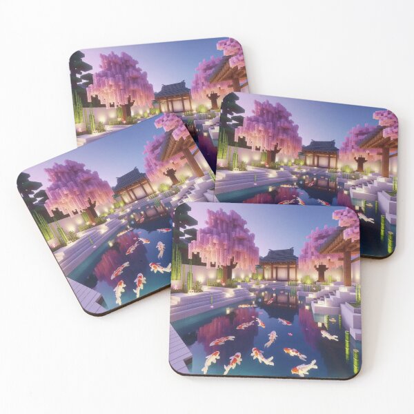 Item preview, Minecraft world, Japanese garden, cherry blossom trees, Japan, gaming, blue sky, pixel art, blocky digital landscape designed and sold by Sugar Wisdom .