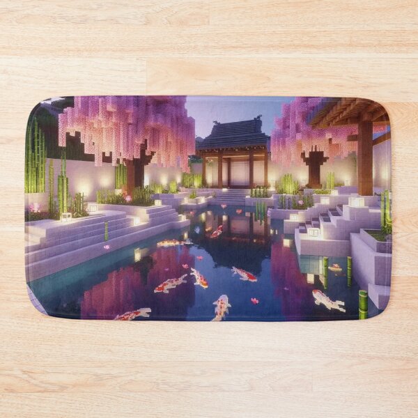 Item preview, Minecraft world, Japanese garden, cherry blossom trees, Japan, gaming, blue sky, pixel art, blocky digital landscape designed and sold by Sugar Wisdom .