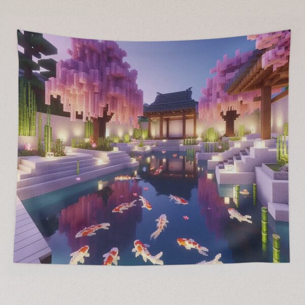 Item preview, Minecraft world, Japanese garden, cherry blossom trees, Japan, gaming, blue sky, pixel art, blocky digital landscape designed and sold by Sugar Wisdom .