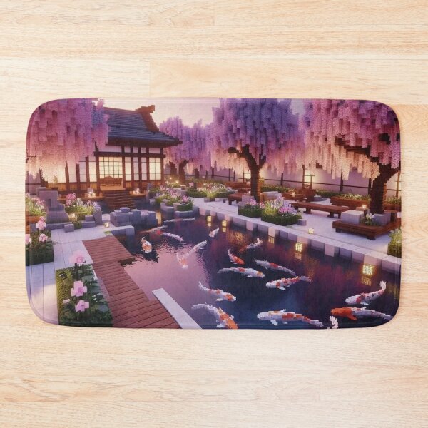 Item preview, Minecraft world, Japanese garden, cherry blossom trees, Japan, gaming, blue sky, pixel art, blocky digital landscape designed and sold by Sugar Wisdom .