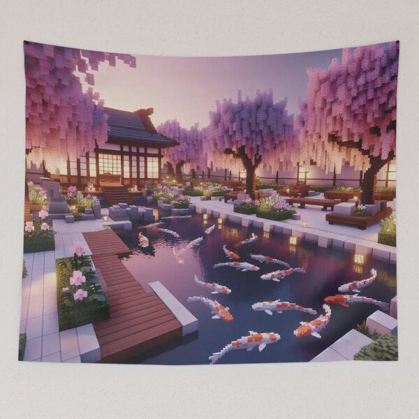 Item preview, Minecraft world, Japanese garden, cherry blossom trees, Japan, gaming, blue sky, pixel art, blocky digital landscape designed and sold by Sugar Wisdom .