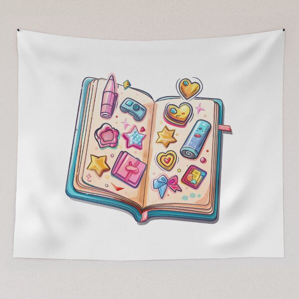 Item preview, Kawaii Sticker Journal Saint Valentine's Day - Cute Open Notebook with Hearts Stars Bow Art Print designed and sold by DesignArtist.ia.